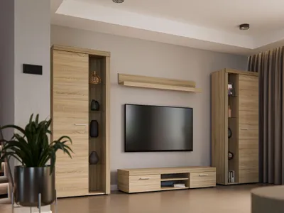 Produktbild von Set RUBEN XL – 2 Vitrinen, TV-Schrank und Wandregal, 3m x 1,9m, Wohnwand für Wohnzimmer - Eiche Sonoma