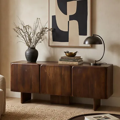 Produktbild von Sideboard PERKA aus Massivholz 180 cm, Dunkelbraun - Lowboard aus massivem Mangoholz mit 3 Türen, Einlegeböden, grifflosen abgerundeten Fronten, TV-Schrank für Wohnzimmer