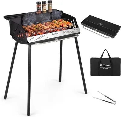 Zdjęcie produktu dla Grill węglowy COSTWAY, przenośny, idealny na kemping, z odpinanymi nogami, regulacją wysokości ruszta na 2 poziomach, grill stołowy, grill stojący