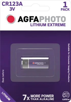 The image shows the packaging of a single CR123A lithium battery.