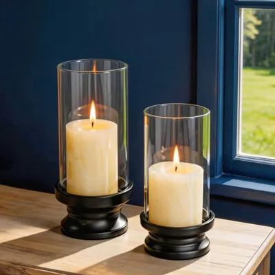 Produktbild von Windlicht Glas Kerzenhalter Stumpenkerzen Schwarz mit Glaszylinder 2er Set