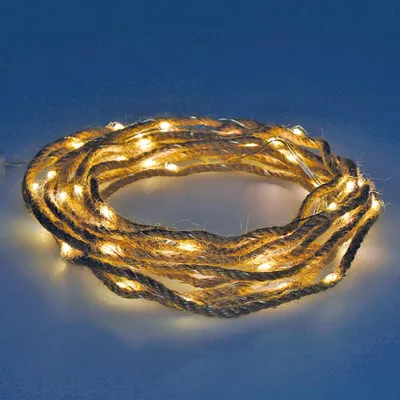 Image de Guirlande Batterie Fixe 30 Microleds Corde De Jute Lumière Blanche Chaude 5,03m