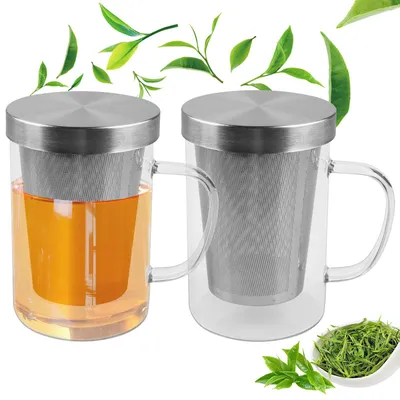 2er-Set Theeglas mit Deckel und Sieb, 500 ml, hitzebeständiges Borosilikatglas
