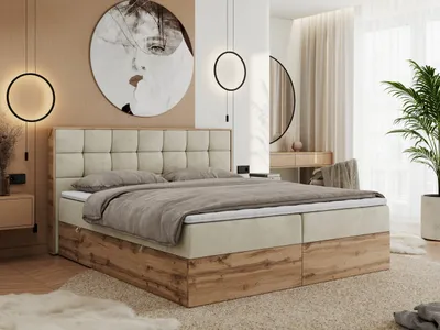 A bedroom scene featuring a large bed, with decorative elements and furniture.