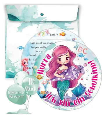 Produktbild von 10er Set Einschulung Einladungskarten – Inklusive bedruckte Umschläge – Süßes Meerjungfrau Design – Einladung Einschulung Mädchen