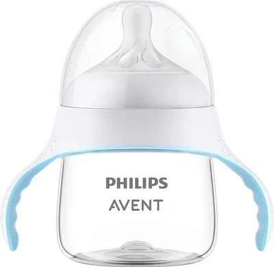 A Philips Avent baby bottle with handles.