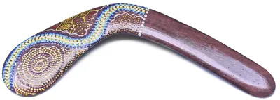 Produktbild von Bumerang 40 cm aus Holz, Braun, handbemalt mit Aborigines-Motiv, traditionell
