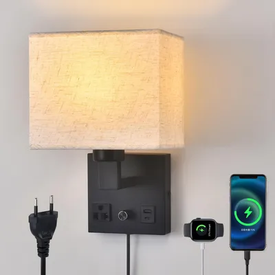 Wandleuchte mit Stecker, dimmbar, USB, schwarz, 1 Stück