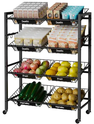 Productafbeelding van Grote keukentrolley voor het opbergen van fruit en groenten, metalen snackwagen met 8 uitneembare manden, serveertrolley op wielen voor groenten, uien en aardappelen, zwart, model TLJ025B