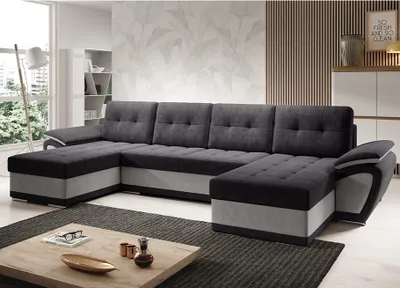 Produktbild von Easy4You ENZO Schwarz/Hellgrau Ecksofa U-Form 336 x 97 x 157 cm mit Schlaffunktion und Stauraum - Schlafsofa mit Bettkasten - Moderne Wohnzimmermöbel – Stoff: SORO 100 + SORO 83