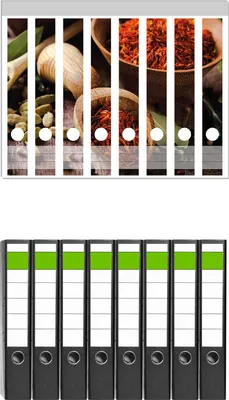 Produktbild von Wallario 8 Stück schmale Ordner inkl. Klebeetiketten mit Motive Gewürze und Kräuter -  Set mit Rückenschildern / Ordnerrücken Stickern