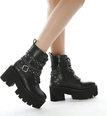 Produktbild von ASKSA Stiefel Damen mit Absatz Gothic Nieten Ketten Plateau Kurzschaft Stiefeletten, Schwarz, Größe: 40