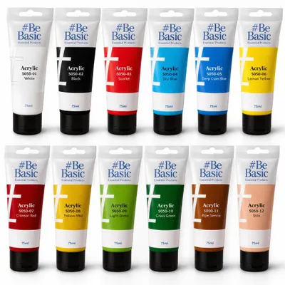 Produktbild von Be Basic Acrylfarben Set 12x75ml – Hohe Deckkraft, Schnelltrocknend, Leuchtende Farben – für Hobby, Schule & DIY