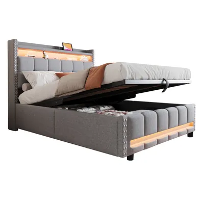 Produktbild von okwish Polsterbett 140x200 cm mit Bettkasten und LED-Beleuchtung,Hydraulischem Funktionbett Jugendbett ohne matratze,Hellgrau