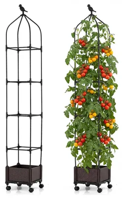 Produktbild von COSTWAY Rankhilfe mit Blumenkasten auf Rollen, Pflanzkasten&Selbstbewässerung, 200 cm Garten Obelisk, beschichtetes Metall & PP, höhenverstellbar