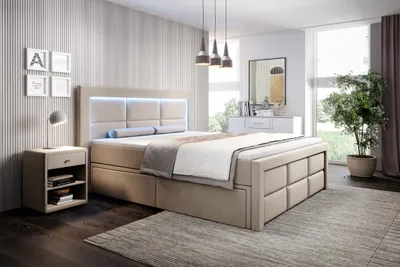 Produktbild von Moebelfest Boxspringbett 180x200 cm mit Bunt LED-Beleuchtung: Polsterbett mit 2 Schubladen, Taschenfederkernmatratze 7 Zonen und Topper (Madrid in Beige)