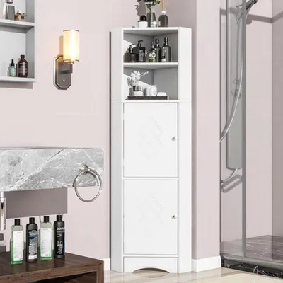 Obrázok produktu pre Rohová skrinka do kúpeľne - 36,5 x 36,5 x 155 cm - s otvoreným priestorom a nastaviteľnou poličkou