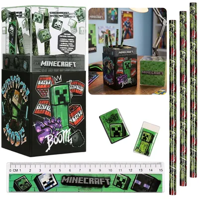 Produktbild von Minecraft Schreibtisch-Stiftehalter mit Schulutensilien, Organizer mit Zubehör, 7-in-1-Schulset
