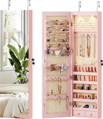 Produktbild von COSTWAY Schmuckschrank, Schmuckregal mit LED Beleuchtung, Spiegel, Spiegelschrank mit Schlüsseln, Schmuckaufbewahrung, 35,5x10x120cm, Rosa