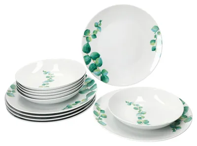 Produktbild von 12tlg Tafelservice Eukalyptus weiß Porzellan 6 Personen Essteller Suppenteller