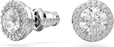 A pair of Swarovski stud earrings with a central diamond surrounded by smaller diamonds, shown against a white background.