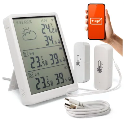 Zdjęcie produktu dla Stacja pogodowa LCD Termometr Higrometr Termohigrometr 2 Czujniki Tuya WiFi