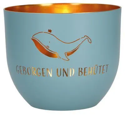 Produktbild von Geborgen und behütet. Windlicht aus Metall, blau