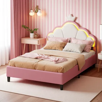 Produktbild von UnboxG Polsterbett 140x200cm mit Lattenrost, Jugendbett Kinderbett mit LED, Doppelbett mit Kronenformung,Doppelbett Holzbett Jugendbett Kunstleder,Rosa