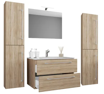 Immagine prodotto di 5 parti lavabo lavabo | lavabo larghezza 60 cm | set mobili bagno con cassetti porta girevole specchio | Badinos
