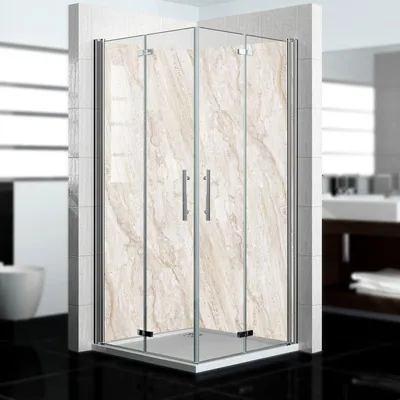 Produktbild von dedeco Eck-Duschrückwände Aluminium wasserfest Motiv: Marmor V9, Nano-Protect seidenmatt, 2 x 90x200x0,3cm, Badrückwand, Fliesenersatz fugenlos Wandverkleidung Wandpaneele,  Germany