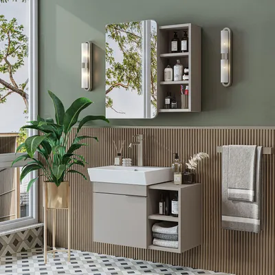 Image de Skye Decor, Ensemble de meubles de salle de bain moderne (2 pièces) comprenant un meuble-lavabo et un miroir, finition pierre de sable