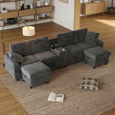 Image de Canapé 4 places en forme de L, avec espace de rangement et pouf modulable, de couleur grise, au design spacieux et confortable, idéal pour un intérieur moderne. Dimensions : L280 x P146 x H85 cm