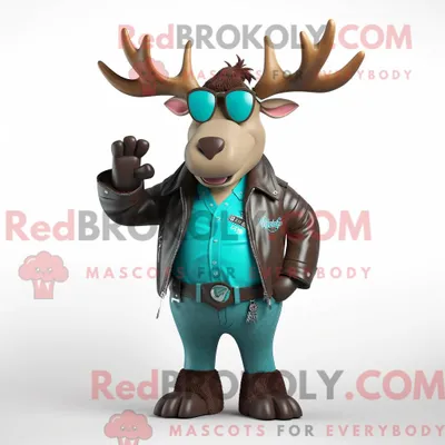Productafbeelding van Mascot REDBROKOLY karakter van een turquoise eland gekleed met een leren jas en stropdassen