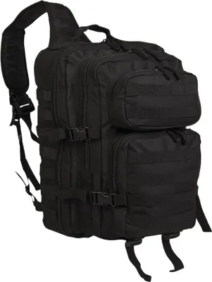 A black tactical backpack is shown against a white background.