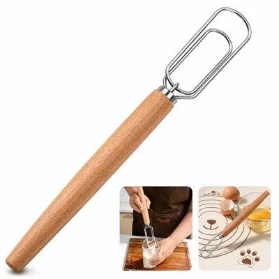 Produktbild von Dänischer Teigbesen aus Edelstahl mit Holzgriff, Teigrührer für Sauerteig, Brot und Kuchen, Backzubehör zum Mischen von Teig und Teigwaren