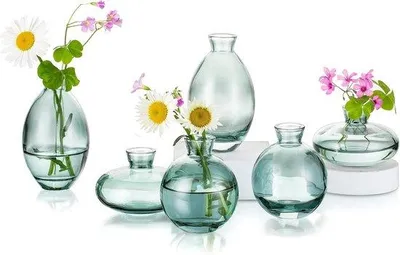 Productafbeelding van Famanu set van 6 glazen vazen in een groen, vintage design - Kleine bloemenvaasjes voor tafeldecoratie