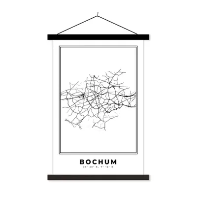 Produktbild von MuchoWow® Textilposter Deutschland - Bochum - Stadtplan - Karte - Schwarz-Weiß - Karte 60x90 cm mit schwarzem Rahmen - Poster Wohnzimmer
