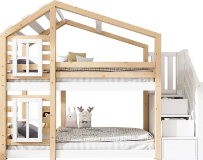Produktbild von Etagenbett mit 2 Liegeflächen und Lattenrost, 90x200 cm, Treppe mit Schubladen, Kinderbett inkl. Rausfallschutz, Hausbett