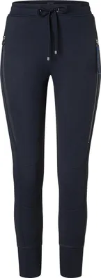 A pair of navy blue women's sweatpants with zipper details.