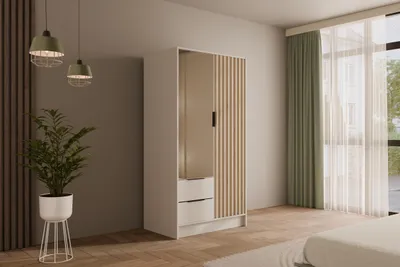 Produktbild von ALTDECOR Kleiderschrank mit Spiegel und selbstschließenden, Lamellentüren, Lamellen, Flügeltüren - NELIA - 100 cm Weiß / Artisan