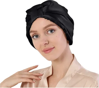 Image de INF Bonnet de nuit 100 % soie pour le soin des cheveux Le noir