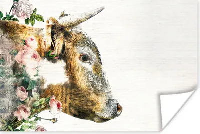 Produktbild von MuchoWow® Poster Schottischer Highlander - Kuh - Rosen - Rosa 120x80 cm - Bilder