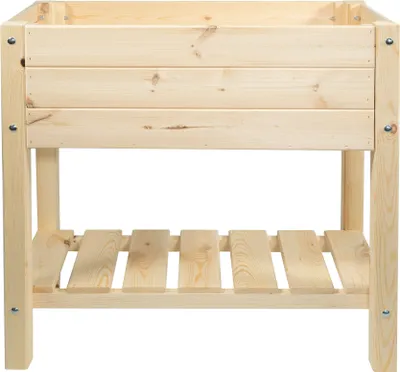A front view of a wooden raised garden bed on a white background.