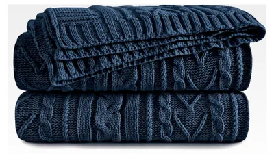 Produktbild von Überwurfdecke mit Zopfmuster, Übergröße, 152,4 x 203,2 cm, weich und bequem, Strickdecke für Couch, Bett, Sofa, Doppelbett, Marineblau