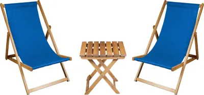 Two blue deck chairs and a wooden side table against a white background.