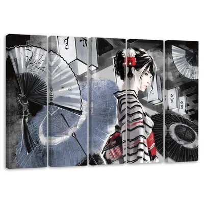 Produktbild von 5-teiliges leinwandbild geisha mit fächer 100x70 cm Feeby grau wandbild bereit zum aufhängen