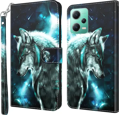 Produktbild von CLM-Tech Hülle kompatibel mit Xiaomi Redmi Note 12 5G - Tasche aus Kunstleder - Klapphülle mit Ständer und Kartenfächern, Wolf blau schwarz