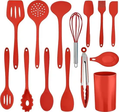 Image de Ensemble de 14 ustensiles de cuisine en silicone Unyqoos® – ustensiles de cuisine de qualité alimentaire, avec support à couverts, résistants à la chaleur jusqu'à 110 °C, lavables au lave-vaisselle, de couleur rouge