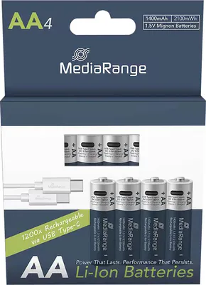 Produktbild von MEDIARANGE AA USB-C Akku Lithium-Ion 1400 mAh, 1,5 V, wiederaufladbar, Ladezeit 2h, 4er-Pack