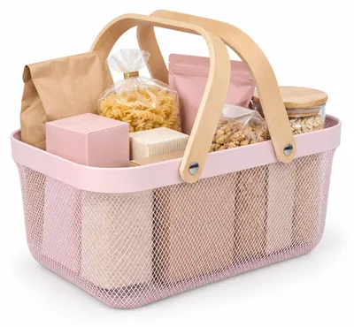Image de Panier en fil de fer avec poignée, de forme carrée, panier de rangement en métal et bois, idéal pour la cuisine, la salle de bain ou le salon, de couleur rose, Image générée par une IA